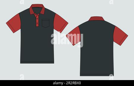 Kurzärmeliges Poloshirt Technische Mode insgesamt Drawing Flat Skizzenvorlage Vorder- und Rückansicht. Bekleidungskleid Design Vektormodell Stock Vektor