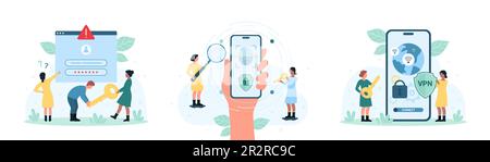 Vektordarstellung des Online-Sicherheitssatzes. Zeichentrickfilme winzige Menschen mit Lupe nutzen die Fingerabdruckerkennung zur sicheren Verifizierung und zum Zugriff auf das Konto auf dem Telefonbildschirm sowie eine sichere VPN-Verbindung Stock Vektor