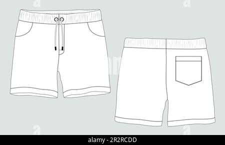 Sweat Shorts Hose Technisches Zeichnen Fashion flacher Skizzenvektor Illustration Vorlage Vorder- und Rückansicht. Stock Vektor