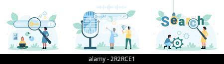 Abbildung des Vektors für die Onlinesuche. Zeichentrickfilme, winzige Personen, die mithilfe von Sprachassistenten und Mikrofon nach Daten suchen, und Lupen, um Inhalte in Suchmaschinen und Websites zu finden Stock Vektor