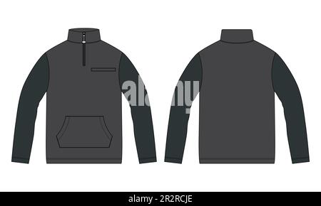 Langärmelige Jacke mit Tasche und Reißverschluss technisch modisch flache Skizzenvorlage zur Illustration von Vorder- und Rückansicht. Fleece-Jersey-Sweatshirt Stock Vektor