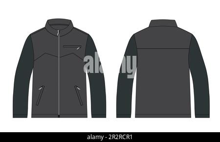 Langärmelige Jacke mit Tasche und Reißverschluss technisch modisch flache Skizzenvorlage zur Illustration von Vorder- und Rückansicht. Fleece-Jersey-Sweatshirt Stock Vektor