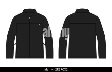 Langärmelige Jacke mit Tasche und Reißverschluss technisch modisch flache Skizzenvorlage zur Illustration von Vorder- und Rückansicht. Fleece-Jersey-Sweatshirt Stock Vektor