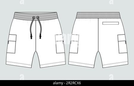 Sweat Shorts Hose Technisches Zeichnen Fashion flacher Skizzenvektor Illustration Vorlage Vorder- und Rückansicht. Stock Vektor