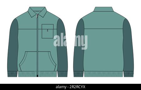 Langärmelige Jacke mit Tasche und Reißverschluss technisch modisch flache Skizzenvorlage zur Illustration von Vorder- und Rückansicht. Fleece-Jersey-Sweatshirt Stock Vektor