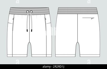 Sweat Shorts Hose Technisches Zeichnen Fashion flacher Skizzenvektor Illustration Vorlage Vorder- und Rückansicht. Stock Vektor