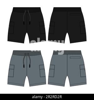 Sweat Shorts Hose Technisches Zeichnen Fashion flacher Skizzenvektor Illustration Vorlage Vorder- und Rückansicht. Stock Vektor
