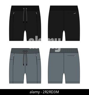 Sweat Shorts Hose Technisches Zeichnen Fashion flacher Skizzenvektor Illustration Vorlage Vorder- und Rückansicht. Stock Vektor