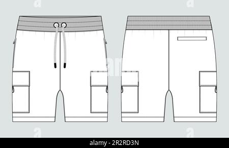 Sweat Shorts Hose Technisches Zeichnen Fashion flacher Skizzenvektor Illustration Vorlage Vorder- und Rückansicht. Stock Vektor
