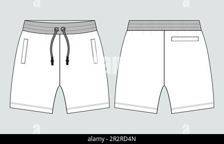 Sweat Shorts Hose Technisches Zeichnen Fashion flacher Skizzenvektor Illustration Vorlage Vorder- und Rückansicht. Stock Vektor