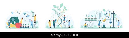 Wissenschaft in der Landwirtschaft, Lebensmittelsicherheit Set Vektordarstellung. Zeichentrickfilme winzige Menschen schauen durch eine Lupe auf DNA, Gemüse und Obst, um die Qualität von Produkten zu erforschen, Pflanzen mit Ausrüstung anzubauen Stock Vektor