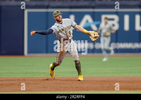 St. Petersburg, Florida, USA; Milwaukee Brewers zweiter Baseman Owen Miller (6) gibt den Ball frei und wirft in einem MLB-Spiel gegen Th an erster Stelle Stockfoto