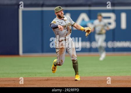 St. Petersburg, Florida, USA; Milwaukee Brewers zweiter Baseman Owen Miller (6) gibt den Ball frei und wirft in einem MLB-Spiel gegen Th an erster Stelle Stockfoto