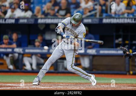 St. Petersburg, Florida, USA; Milwaukee Brewers hat den Feldspieler Christian Yelich (22) verlassen und möchte bei einem MLB-Spiel gegen die Tampa Bay Rayson S Kontakt aufnehmen Stockfoto