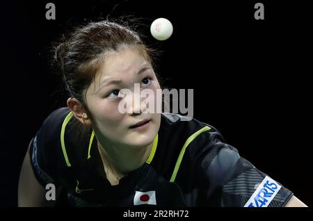 Durban, Südafrika. 20. Mai 2023. Kihara Miyuu aus Japan tritt gegen Yadira Silva aus Mexiko an, während der 1. Runde der Frauenspiele bei den ITTF Table Tennis World Championships Finals 2023 in Durban, Südafrika, am 20. Mai 2023. Kredit: Wang Dongzhen/Xinhua/Alamy Live News Stockfoto