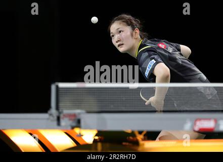 Durban, Südafrika. 20. Mai 2023. Kihara Miyuu aus Japan tritt gegen Yadira Silva aus Mexiko an, während der 1. Runde der Frauenspiele bei den ITTF Table Tennis World Championships Finals 2023 in Durban, Südafrika, am 20. Mai 2023. Kredit: Wang Dongzhen/Xinhua/Alamy Live News Stockfoto