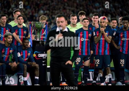 Barcelona, Spanien. 20. Mai 2023. Team Barcelona feiert den Sieg des Meisterschaftstitels nach dem spanischen Fußballspiel La Liga zwischen dem FC Barcelona und der Real Sociedad in Barcelona, Spanien, am 20. Mai 2023. Kredit: Joan Gosa/Xinhua/Alamy Live News Stockfoto