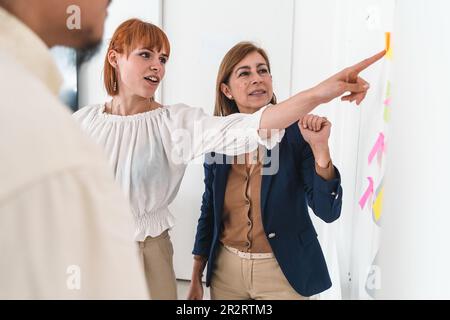 Eine junge Frau erklärt ihren Kollegen ihr Projekt, indem sie auf eine bunte Haftnotiz auf einem Diagramm an der Wand zeigt. Ein leitender Kollege beobachtet aufmerksam Stockfoto