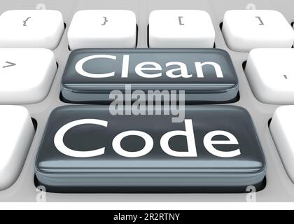 3D Abbildung: Computertastatur mit dem Skript „Code bereinigen“ auf zwei grauen Tasten. Stockfoto