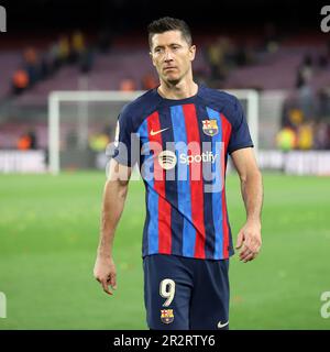 Sabadell, Barcelona, Spanien. 20. Mai 2023. Barcelona Spanien 20.05.2023 Robert Lewandowski (FC Barcelona) zeigt auf der La Liga Santander zwischen dem FC Barcelona und der Real Sociedad im Camp Nou am 20. Mai 2023 in Barcelona. (Kreditbild: © Xavi Urgeles/ZUMA Press Wire) NUR REDAKTIONELLE VERWENDUNG! Nicht für den kommerziellen GEBRAUCH! Stockfoto