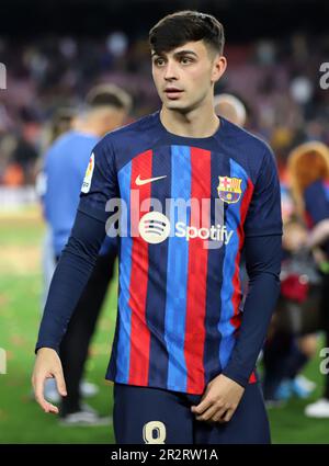 Sabadell, Barcelona, Spanien. 20. Mai 2023. Barcelona Spanien 20.05.2023 Pedri Gonzalez (FC Barcelona) zeigt auf der La Liga Santander zwischen dem FC Barcelona und der Real Sociedad im Camp Nou am 20. Mai 2023 in Barcelona. (Kreditbild: © Xavi Urgeles/ZUMA Press Wire) NUR REDAKTIONELLE VERWENDUNG! Nicht für den kommerziellen GEBRAUCH! Stockfoto
