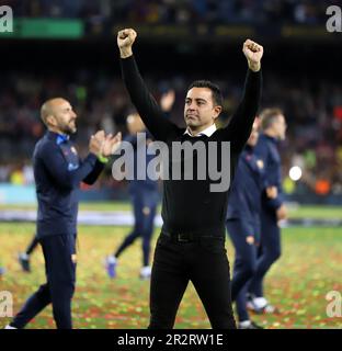 Sabadell, Barcelona, Spanien. 20. Mai 2023. Barcelona Spanien 20.05.2023 Xavi Hernandez Coach (FC Barcelona) Gesten während der La Liga Santander zwischen dem FC Barcelona und Real Sociedad im Camp Nou am 20. Mai 2023 in Barcelona. (Kreditbild: © Xavi Urgeles/ZUMA Press Wire) NUR REDAKTIONELLE VERWENDUNG! Nicht für den kommerziellen GEBRAUCH! Stockfoto