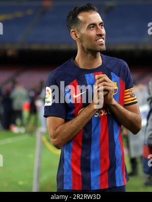Sabadell, Barcelona, Spanien. 20. Mai 2023. Barcelona Spanien 20.05.2023 Sergio Busquets (FC Barcelona) zeigt auf der La Liga Santander zwischen dem FC Barcelona und der Real Sociedad im Camp Nou am 20. Mai 2023 in Barcelona. (Kreditbild: © Xavi Urgeles/ZUMA Press Wire) NUR REDAKTIONELLE VERWENDUNG! Nicht für den kommerziellen GEBRAUCH! Stockfoto