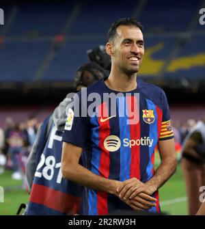 Sabadell, Barcelona, Spanien. 20. Mai 2023. Barcelona Spanien 20.05.2023 Sergio Busquets (FC Barcelona) zeigt auf der La Liga Santander zwischen dem FC Barcelona und der Real Sociedad im Camp Nou am 20. Mai 2023 in Barcelona. (Kreditbild: © Xavi Urgeles/ZUMA Press Wire) NUR REDAKTIONELLE VERWENDUNG! Nicht für den kommerziellen GEBRAUCH! Stockfoto