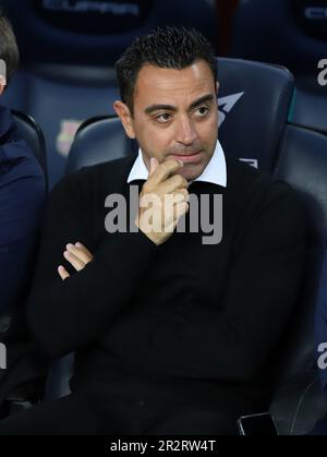 Sabadell, Barcelona, Spanien. 20. Mai 2023. Barcelona Spanien 20.05.2023 Xavi Hernandez Coach (FC Barcelona) Gesten während der La Liga Santander zwischen dem FC Barcelona und Real Sociedad im Camp Nou am 20. Mai 2023 in Barcelona. (Kreditbild: © Xavi Urgeles/ZUMA Press Wire) NUR REDAKTIONELLE VERWENDUNG! Nicht für den kommerziellen GEBRAUCH! Stockfoto