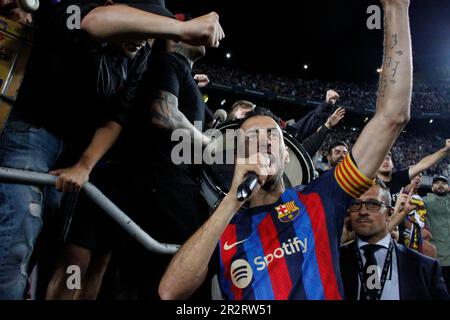 Sabadell, Barcelona, Spanien. 20. Mai 2023. Barcelona Spanien 20.05.2023 Sergio Busquets (FC Barcelona) singt während der La Liga Santander zwischen dem FC Barcelona und der Real Sociedad im Camp Nou am 20. Mai 2023 in Barcelona. (Kreditbild: © Xavi Urgeles/ZUMA Press Wire) NUR REDAKTIONELLE VERWENDUNG! Nicht für den kommerziellen GEBRAUCH! Stockfoto