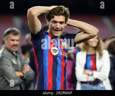 Sabadell, Barcelona, Spanien. 20. Mai 2023. Barcelona Spanien 20.05.2023 Marcos Alonso (FC Barcelona) Gesten während der La Liga Santander zwischen dem FC Barcelona und der Real Sociedad im Camp Nou am 20. Mai 2023 in Barcelona. (Kreditbild: © Xavi Urgeles/ZUMA Press Wire) NUR REDAKTIONELLE VERWENDUNG! Nicht für den kommerziellen GEBRAUCH! Stockfoto