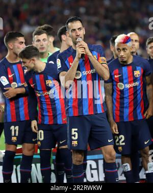 Sabadell, Barcelona, Spanien. 20. Mai 2023. Barcelona Spanien 20.05.2023 Sergio Busquets (FC Barcelona) spricht während der La Liga Santander zwischen dem FC Barcelona und der Real Sociedad am 20. Mai 2023 im Camp Nou in Barcelona. (Kreditbild: © Xavi Urgeles/ZUMA Press Wire) NUR REDAKTIONELLE VERWENDUNG! Nicht für den kommerziellen GEBRAUCH! Stockfoto