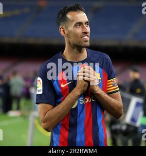 Sabadell, Barcelona, Spanien. 20. Mai 2023. Barcelona Spanien 20.05.2023 Sergio Busquets (FC Barcelona) zeigt auf der La Liga Santander zwischen dem FC Barcelona und der Real Sociedad im Camp Nou am 20. Mai 2023 in Barcelona. (Kreditbild: © Xavi Urgeles/ZUMA Press Wire) NUR REDAKTIONELLE VERWENDUNG! Nicht für den kommerziellen GEBRAUCH! Stockfoto