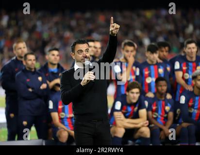 Sabadell, Barcelona, Spanien. 20. Mai 2023. Barcelona Spanien 20.05.2023 Xavi Hernandez Coach (FC Barcelona) Gesten während der La Liga Santander zwischen dem FC Barcelona und Real Sociedad im Camp Nou am 20. Mai 2023 in Barcelona. (Kreditbild: © Xavi Urgeles/ZUMA Press Wire) NUR REDAKTIONELLE VERWENDUNG! Nicht für den kommerziellen GEBRAUCH! Stockfoto