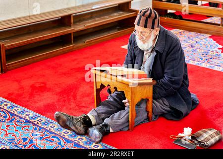 Istanbul Türkei. Muslimischer Gläubiger betet und liest Koran in der Fatih-Moschee Stockfoto