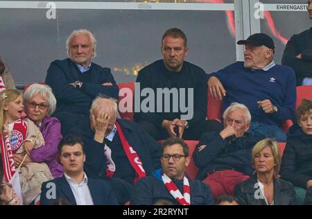 Rudi Völler (DFB Sportdirektor), DFB-Cheftrainer Hans-Dieter Hansi Flick , Bundestrainer, Nationaltrainer, Hermann GERLAND, (der Tiger) FCB-Assistenztrainer, im Spiel FC BAYERN MUENCHEN - RB LEIPZIG 1-3 1. Deutsche Fußballliga am 20. Mai 2023 in München. Saison 2022/2023, Spieltag 33, 1. Bundesliga, FCB, München, 33.Spieltag. © Peter Schatz / Alamy Live News - die DFL-VORSCHRIFTEN VERBIETEN DIE VERWENDUNG VON FOTOS als BILDSEQUENZEN und/oder QUASI-VIDEO - Kredit: Peter Schatz/Alamy Live News Stockfoto