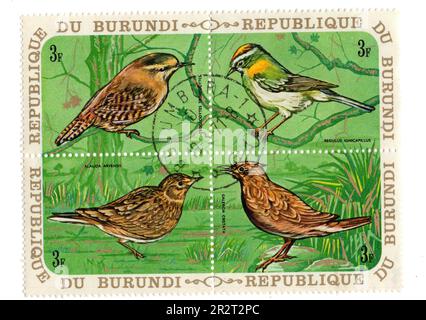 Klassische Briefmarken aus Burundi mit Vögeln auf weißem Hintergrund. Stockfoto