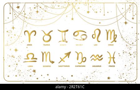 Banner mit Symbolen von 12 Zodiac-Schildern, handgezeichnete Vintage-Illustration für Astrologie, Horoskop, Divination, Bo-Design. Goldenes mystisches Grafik-iso Stock Vektor