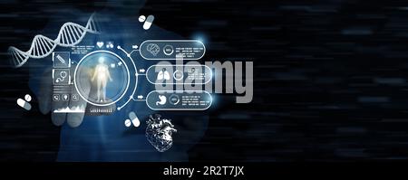 Ein Arzt oder Chirurg tippt auf ein Tablet mit medizinischen und medizinischen Symbolen, die auf dunklem Hintergrund mit medizinischer Technologie herumfliegen. Stockfoto