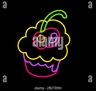 Deklarativer handgezeichneter süßer Kirschkuchen mit neonfarbenen Filzstiften auf dunkelschwarzem Hintergrund. Partysymbol für das Design einer Karte oder Einladung. Doodle Stock Vektor