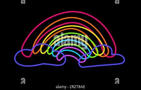 Deklarative handgezeichnete farbenfrohe Frühlings-Regenbogen mit neonfarbenen Filzstiften auf dunkelschwarzem Hintergrund. Partysymbol für das Design von Karten oder Einladungen Stock Vektor