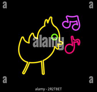 Deklarativer handgezeichneter singender Vogel kanarienvogel mit neonleuchtenden Filzstiften auf dunkelschwarzem Hintergrund. Partysymbol für das Design einer Karte oder Einladung. Doodle Stock Vektor