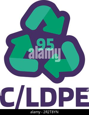 Beachten Sie die CLDPE-Nummer 95 für die Kennzeichnung von Industrieprodukten. Recycling-Code für Kunststoff, Papier, Metalle. Information über Verpackungseigenschaften und chemische Eigenschaften. Grün t Stock Vektor