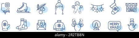 Weihnachtszeit Dekoration und Sport. Pixelgenaue, bearbeitbare Liniensymbole Stock Vektor