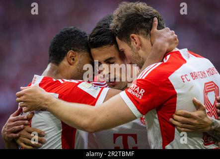 Munic, Deutschland. 20. Mai 2023. Torjubel: Serge Gnabry (München), Joao Pedro Cavaco Cancelo (München), Leon Goretzka (München) FC Bayern München - Stockfoto