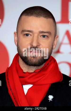 London, Großbritannien. 21. Februar 2018. Justin Timberlake nimmt an den BRIT Awards 2018 in der O2 Arena in London, England, Teil. (Foto: Fred Duval/SOPA Images/Sipa USA) Guthaben: SIPA USA/Alamy Live News Stockfoto