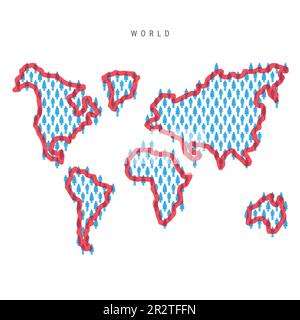 Weltbevölkerungskarte. Strichfiguren Globus Karte mit auffälliger roter, durchsichtiger Landesgrenze. Muster von Männer- und Frauensymbolen. Isolierter Vektor illustr Stock Vektor
