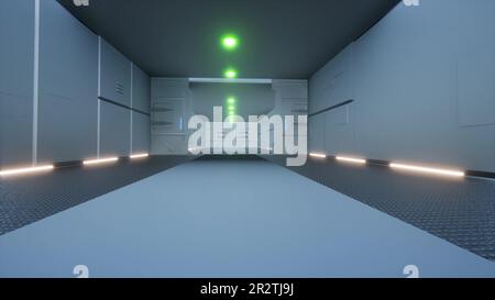 Langer Tunnel mit öffnenden Türen 3D Rendern Stockfoto