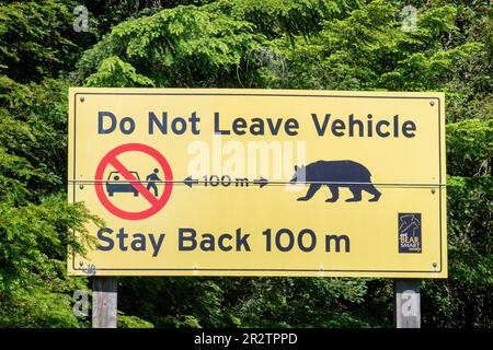 Whistler, BC, Kanada-August 2022; Blick auf das gelbe Schild der Bear Smart Society, neben der Straße in Warnbären könnten auf der Straße sein und Sie nicht verlassen Stockfoto