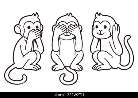 Drei Weise Affen mit Händen, die Augen, Ohren und Mund bedecken: Sehen Sie kein Böses, hören Sie kein Böses, sprechen Sie kein Böses. Süße Zeichentrickfigur, Strichzeichnungen. Stock Vektor
